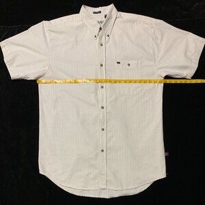 Bugle Boy Shirt Mens XL Short Sleeve Button Collared Beige Stripe ~ Excellent